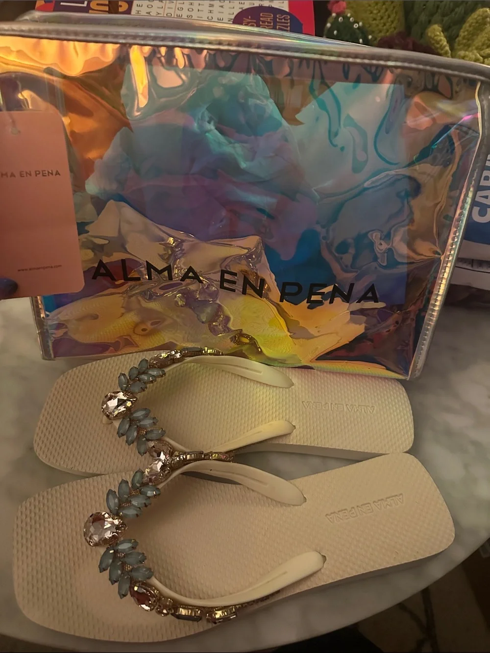 Cream Jeweled Women's Sandal - Embellished Thong